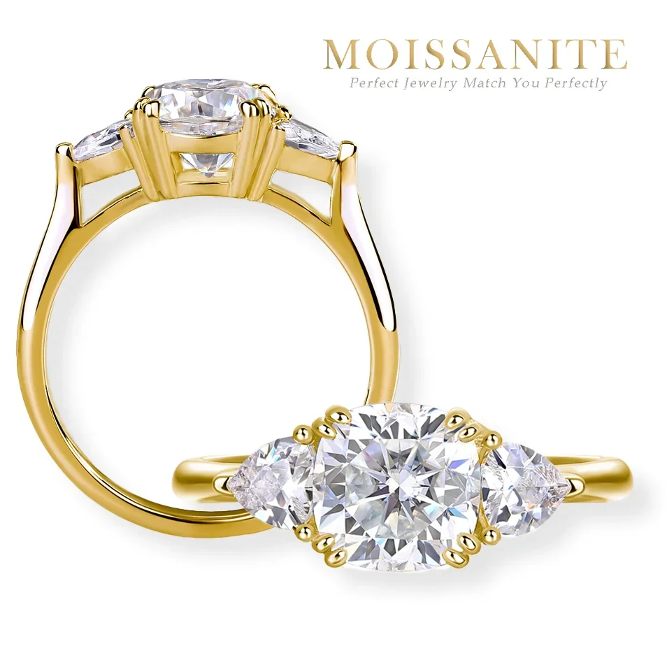 

2.2ctw Golden Moissanite Trilogy Ring – Cushion Center with Triangular Sides, 18K Gold Plated S925 Sterling Silver