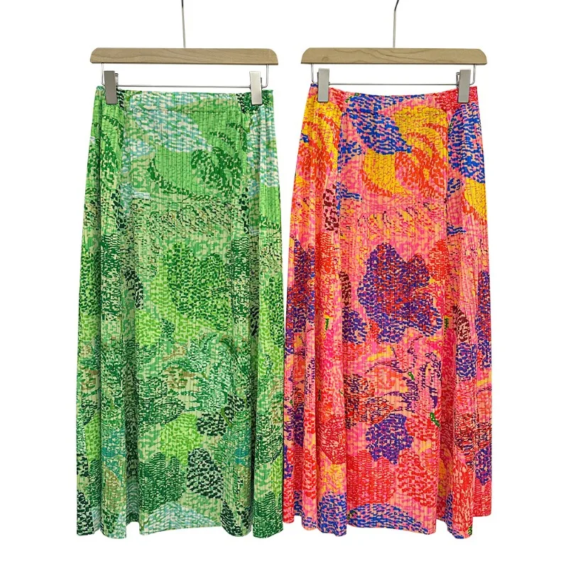 Miyake Pleated Skirt Plisse 2026 Summer New Niche Artistic Print Pleats Jupe Bright Color High Waist Slimming Mid-Length Skirt