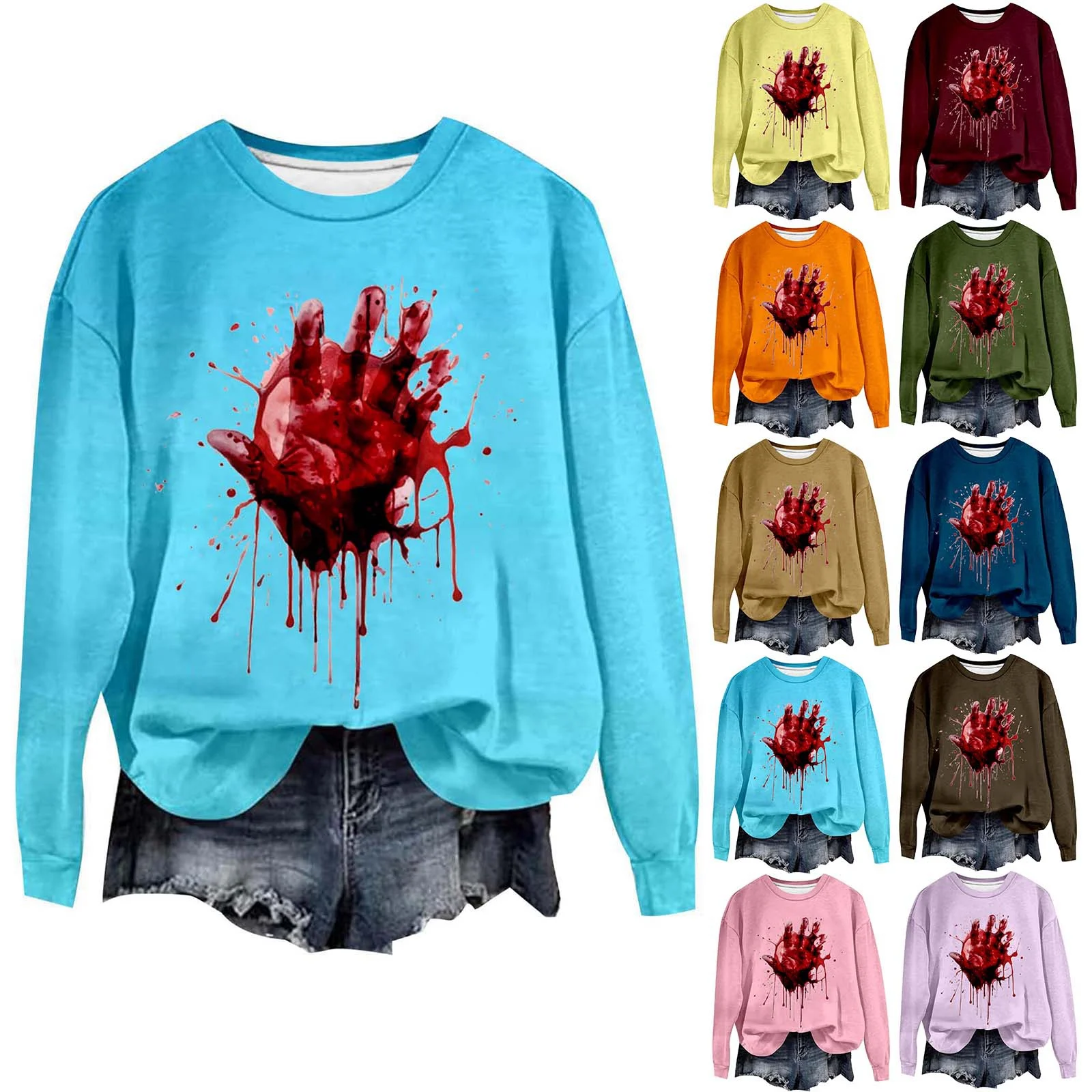 Hoodie motif berdarah Hoodie tren musim gugur/musim dingin wanita Hoodie atasan Crop kaus bahu turun atasan Halloween