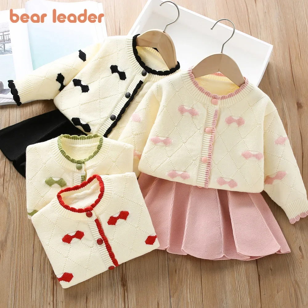 Bären führer Winter Mädchen Kleidung Diamant muster Bogen druck einreihige Strickjacke Pullover kurzen Rock Kinder-Sets