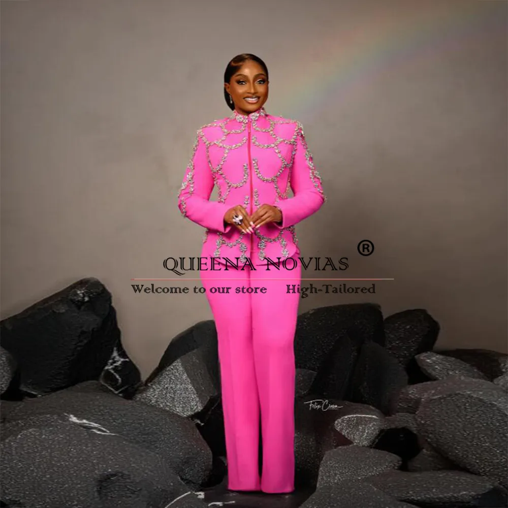 

Exquisite Pink Women Pants Suits Crystals Beads Prom Blazer Mother Of Bride Dresses Tailored Business Laides Jacket Trousers 2pc