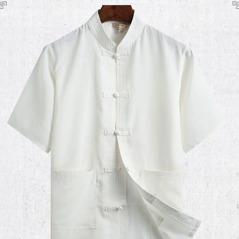 Chinese Tang Suit Short-Sleeved Suit Men\'s Hanfu Kung Fu Shirt Tai Chi Solid Color Cotton Linen Layman\'s Clothing Summer Linen