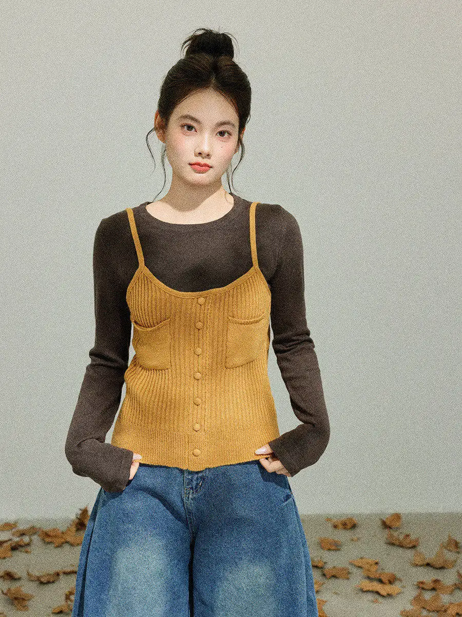 

Винтажный вязаный комплект Linyunyun: топ и базовая футболка для женщин, мягкий и комфортный, из двух предметов, с круглым вырезом и длинными рукавами