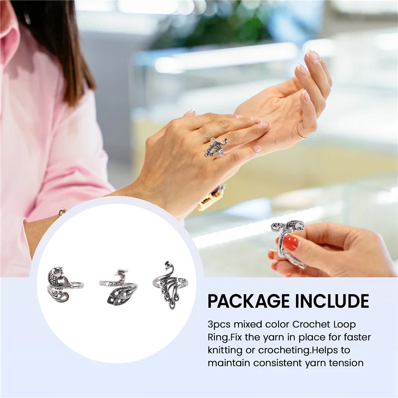 

3Pcs Adjustable Knitting Loop Ring-Peacock Goldfish Open Finger Ring,Crochet Finger Yarn Holder,Yarn Guide Finger Holder-AA70