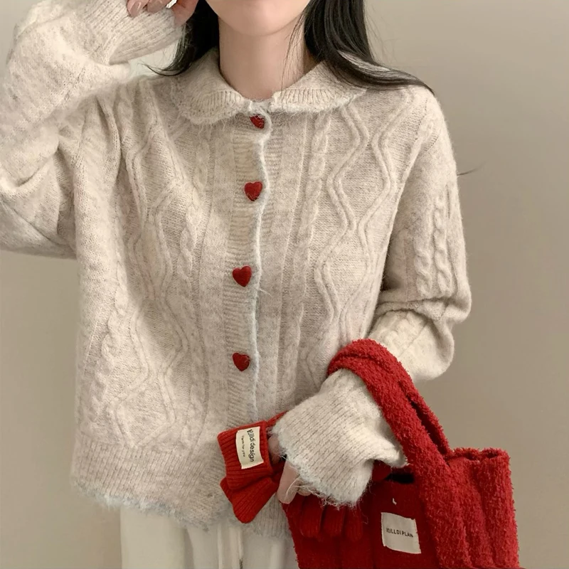 Słodkie, delikatne kardigany z dzianiny, jesienne damskie swetry z kołnierzykiem Piotrusia Pana, zapinane na jeden guzik, płaszcze w stylu koreańskim, modne topy.