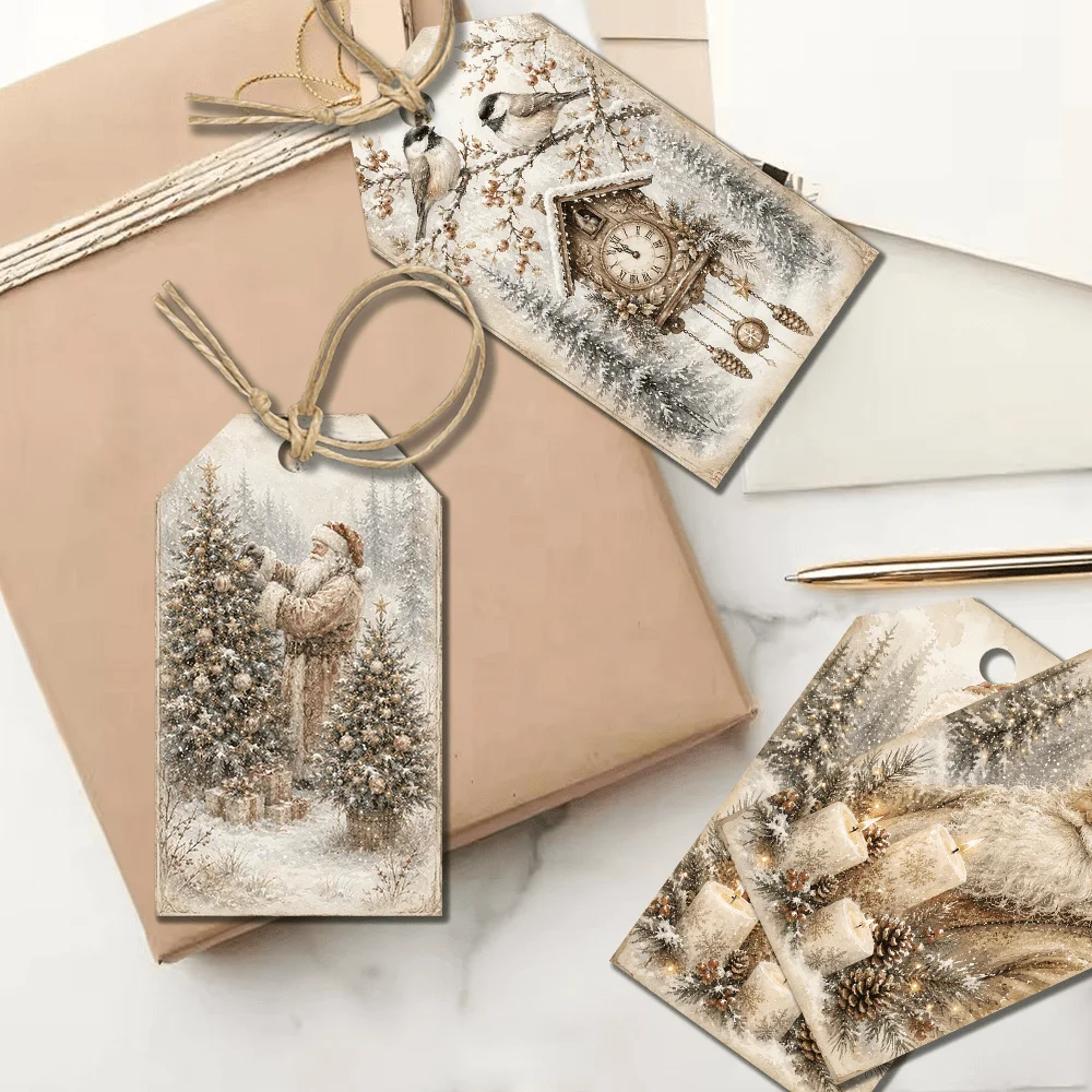 40 Stück Vintage Retro Weihnachts-Dekorationsanhänger, Feiertagsgeschenketiketten, Partydekorationen, handgemachte Verpackungsakzente, Juteseil – Detail 5