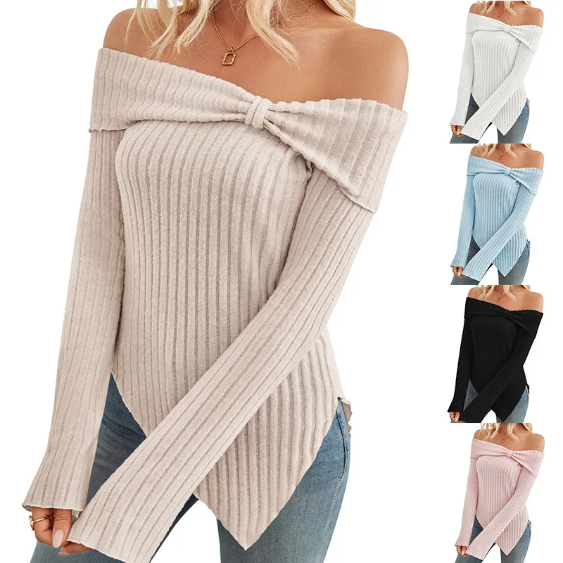 Women Tops Off Shoulder Top Slash Neck Full Sleeve Slim Fit Y2k Streetwear Elegant Splice Work Tees Autumn Winter 2025
