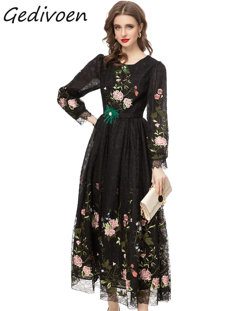 

Gedivoen Autumn Fashion Designer Black Elegant Lace Dress Women O Neck Long Sleeve Embroidery High Waist Slim A-LINE Long Dress