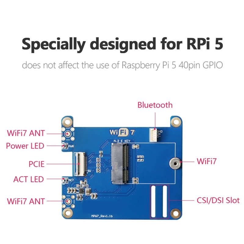 MPW7NA For Raspberry Pi 5 PCIE To M.2 E-Key Wifi7 Module+2 X Antenna BE200 Blue PCB Support Google TPU,Wif6e AX210,AX200 Adapter