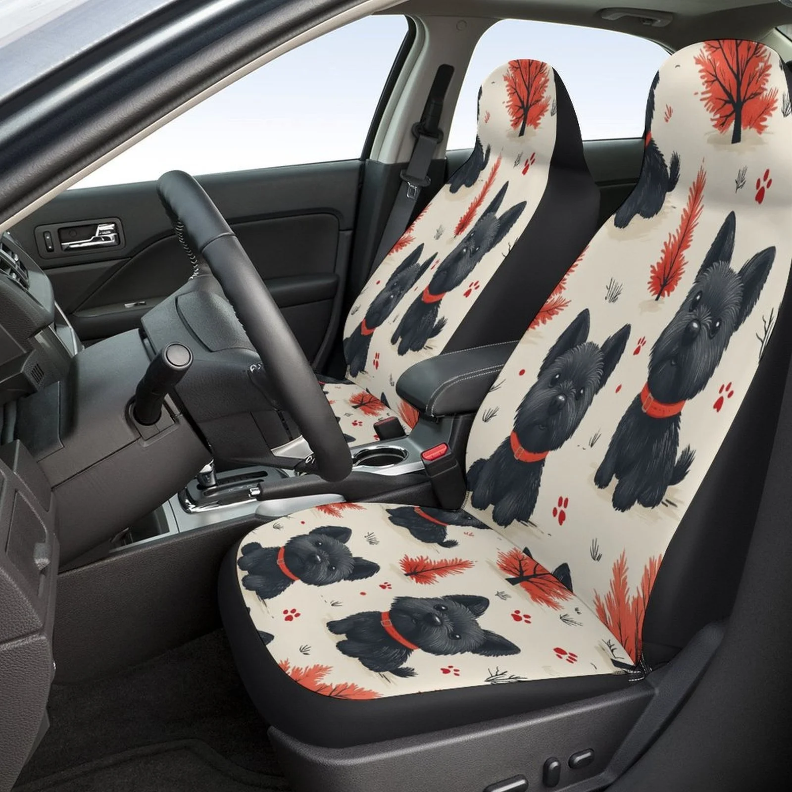 Scottish Terrier Dog-Themed Car Seat Cover Set For Most Vehicles - Fit For Cars, Heavy-Duty Protector For 2 Front & Rear Seats (