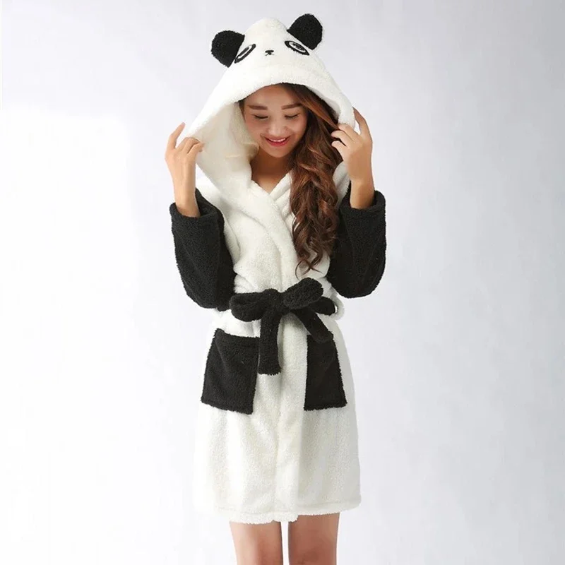 Adults Animal Flannel Bath Robe Sleepwear Women Bathrobe Nightgown Thick Warm Robe Winter Panda Unicorn Cartoon Plush Pajamas