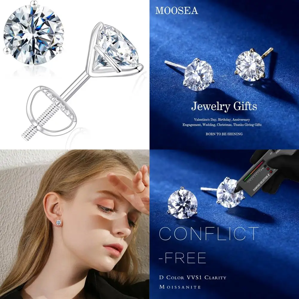

Lab-Created Moissanite Round Earrings in Sterling Silver for Women and Men, 0.2 to 4 ct, D Color, VVS1 Clarity, 925 Silver, High