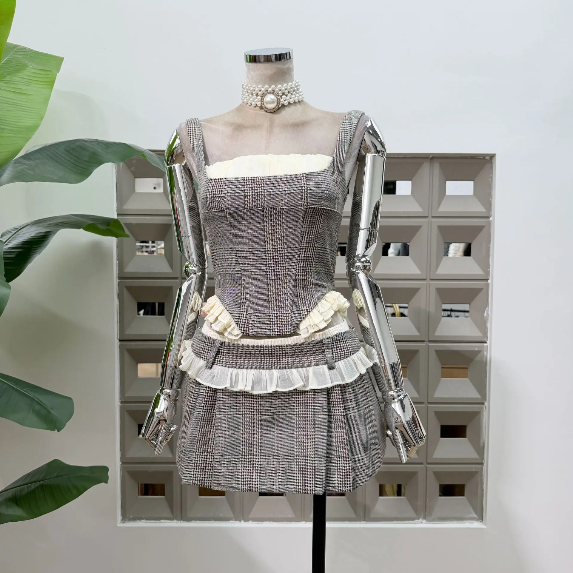 

Women's Matching Sets Plaid Corset Top 2-piece Ruffle Trim Low Waist Y2K Outfit Party Skirt Suit Club Elegant Sweet Preppy Style