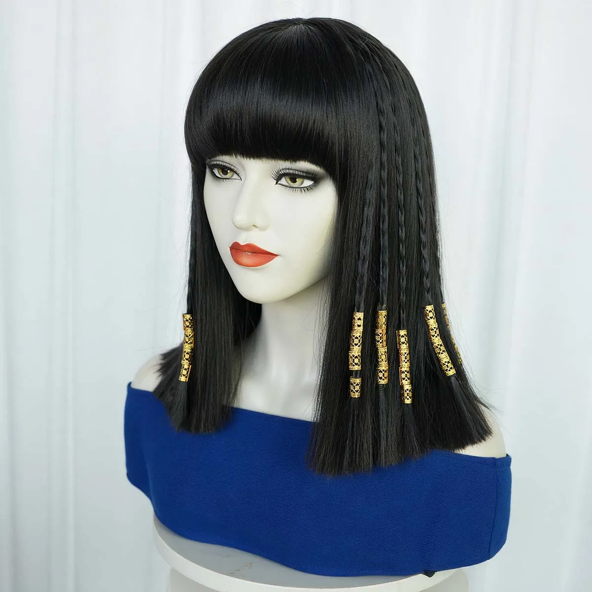 المرأة هالوين زي الدعائم المصرية كليوباترا تأثيري أسود قصير مستقيم بوب شعر مستعار مع ثعبان خوذة