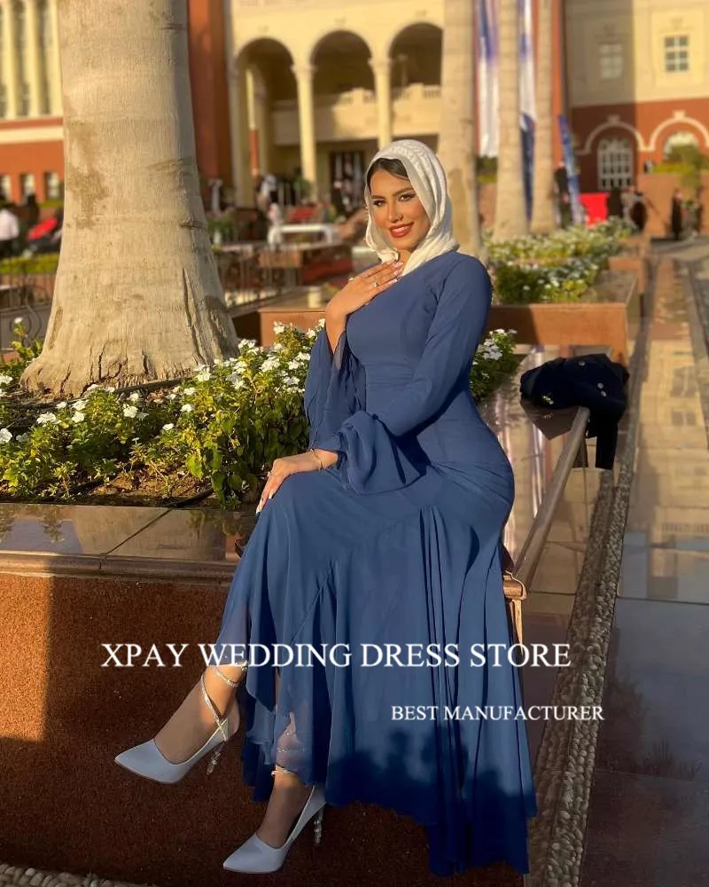 XPAY modesto semplice blu Navy Dubai arabo donne musulmane abiti da sera formali maniche lunghe o-collo alla caviglia abito da ballo in Chiffon