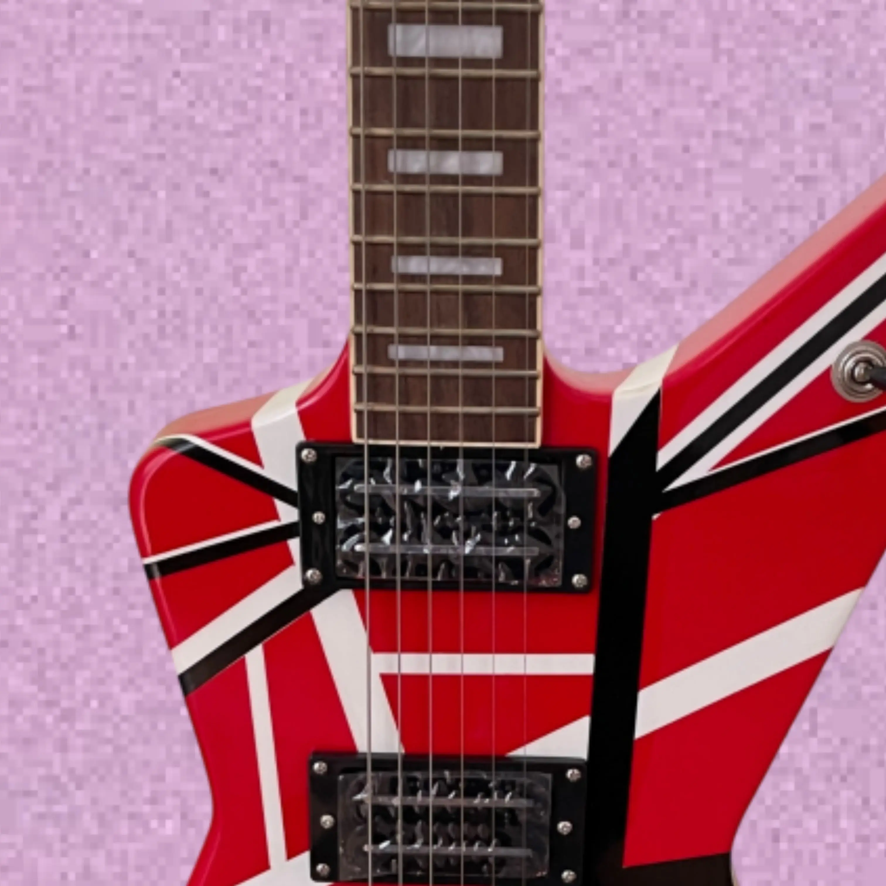 Bright Red Angular 6-String Electric Guitar, Art Black White Line Paintwork for Hard Rock Band Shows Guitars Guitarra