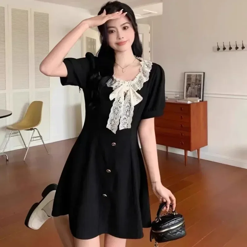 Plus Size 2025 Bow Dress Slimming Summer Style Clothing New Vintage Round Neck For Women Hiding Body Shape Stylish dfffdd2