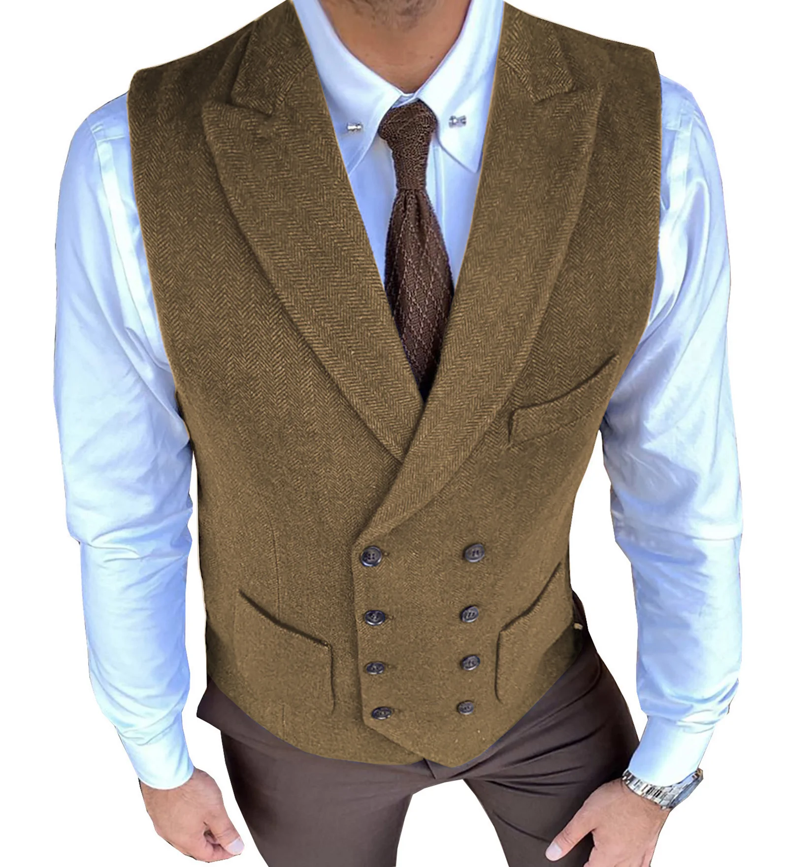 Herringbone Men\'s Vest Casual Double Breasted Suit Vest Herringbone Pattern Notch Lapel Waistcoat for Groomsmen for Men Vest