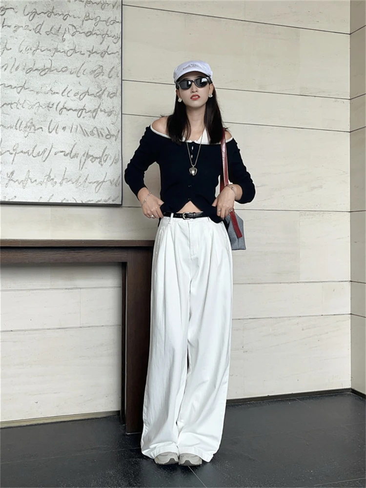 

SDNINEHOME Удобные модные домашние американские ретро повседневные свободные широкие джинсы с высокой талией Длинные брюки в сложенном виде белого денима