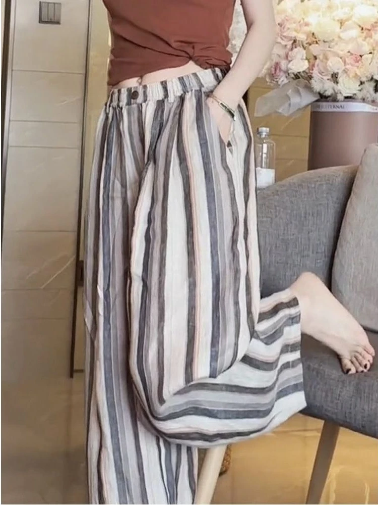 Color blocking striped casual straight leg pants women 2026 summer new loose high waisted versatile trendy wide leg pants
