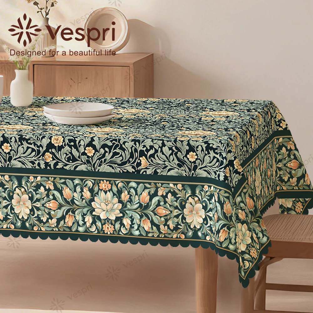 Vespri Spring Tablecloth Floral Pastel Easter Green White with Flowers Leaves and Fruits Round Rectangle Oval