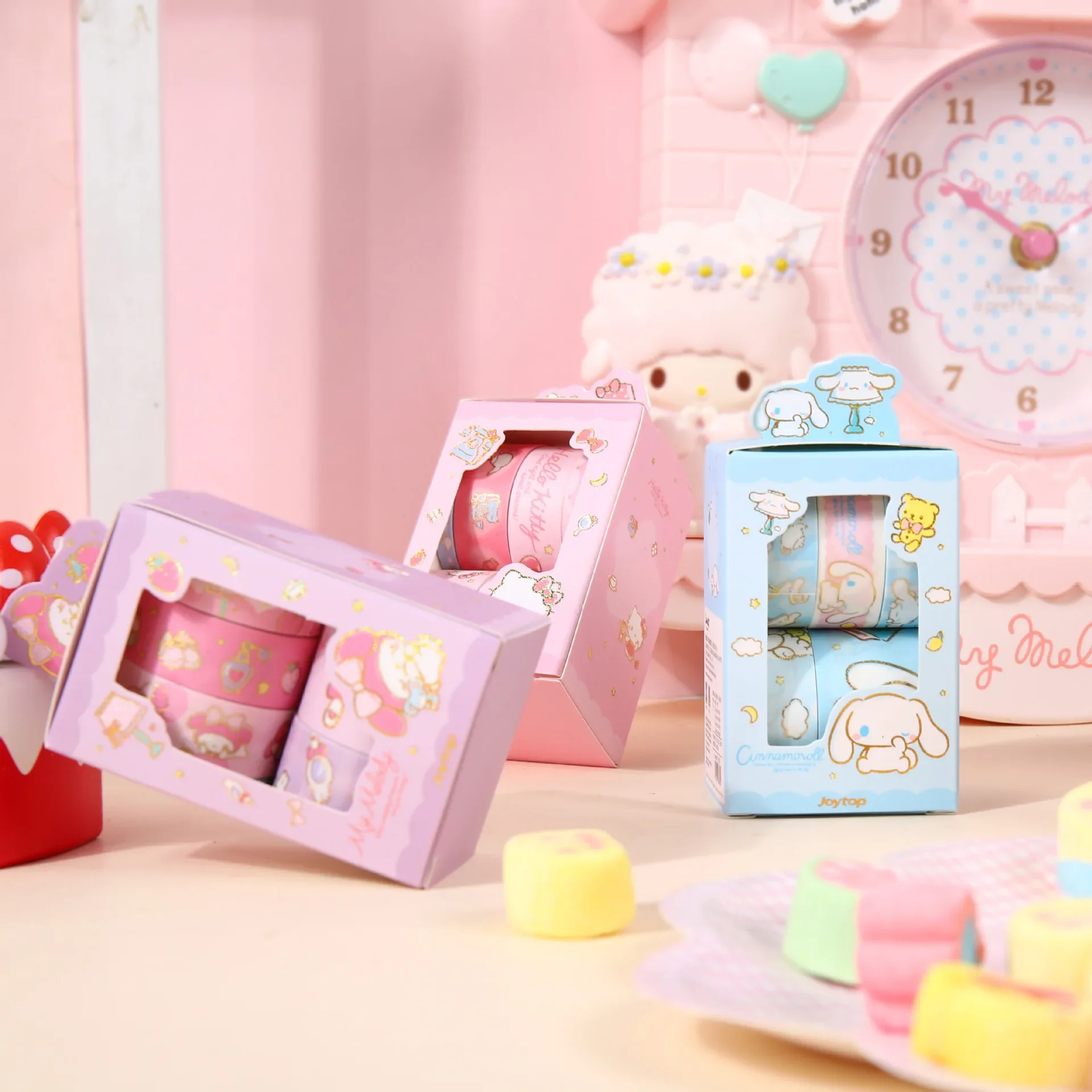 Cinnamoroll Melody Hello Kitty Pompompurin Sanrio Good Night คู่มือสติกเกอร์6ม้วนต่อชุดกล่องมากขึ้นที่มีประสิทธิภาพ