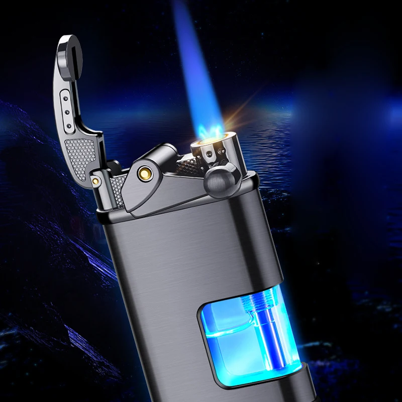 Windproof rocker inflatable lighter metal direct blue flame visible window ignition LED flash cigarette accessories men\'s gift