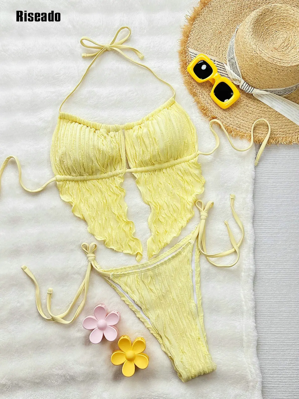 Halter Swimsuits for Women Textured Backless 2 Piece Bathing Suits Cheeky High Cut String Tie Side Bikini Sets