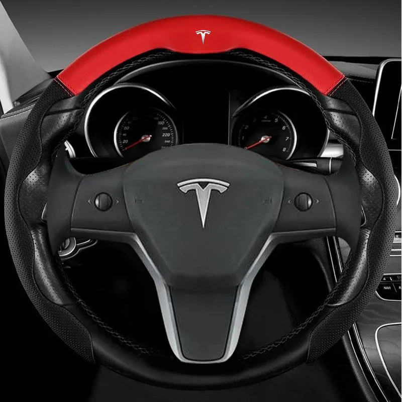 

For Tesla Roadster Model 3 Model Y Model S Model X Nappa Leather Car Steering Wheel Cover Anti-Slip Ultra-thin Breathable 38cm