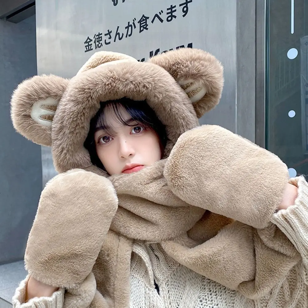 Fashion Windproof Bear Ear Hat Plush Thickening Plush Hat Scarf Set Women Caps Winter