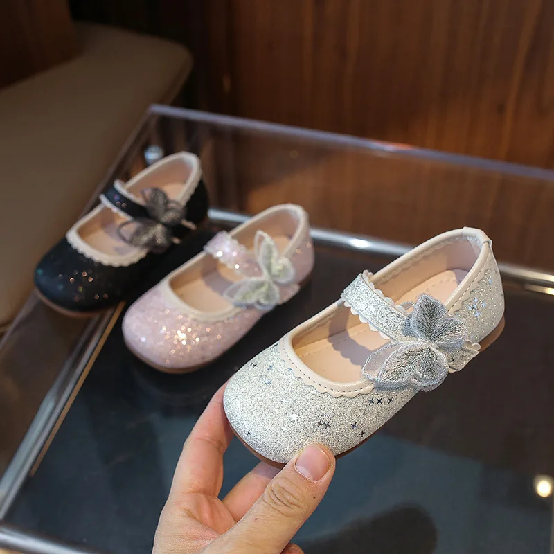 Brand Girl Shoe Autumn New Sequin Princess Shoe Sweet Kid Leather Shoe Bow Women Shoes Medium Large French Kid Shoeszapatos Niña
