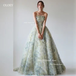 OLOEY Elegant Korea Evening Dresses 3D Flowers Strapless Floor Length Wedding Party Dress Customized Garden Photoshoot Prom Gown