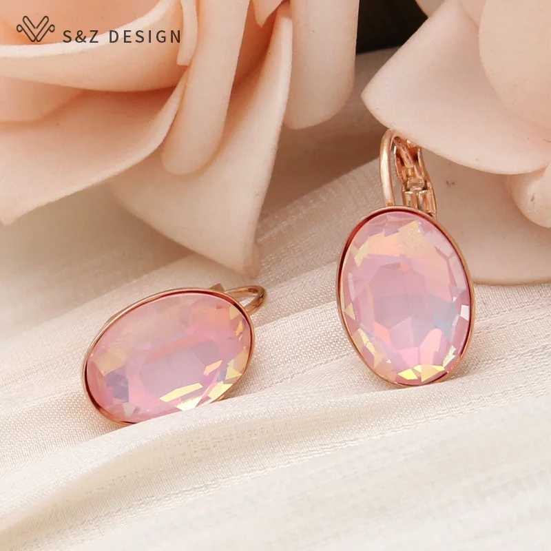 S&Z DESIGN New Fashion 585 Rose Gold Color Egg Shape Crystal Dangle Earrings For Women Wedding Elegant Jewelry Trendy Eardrop