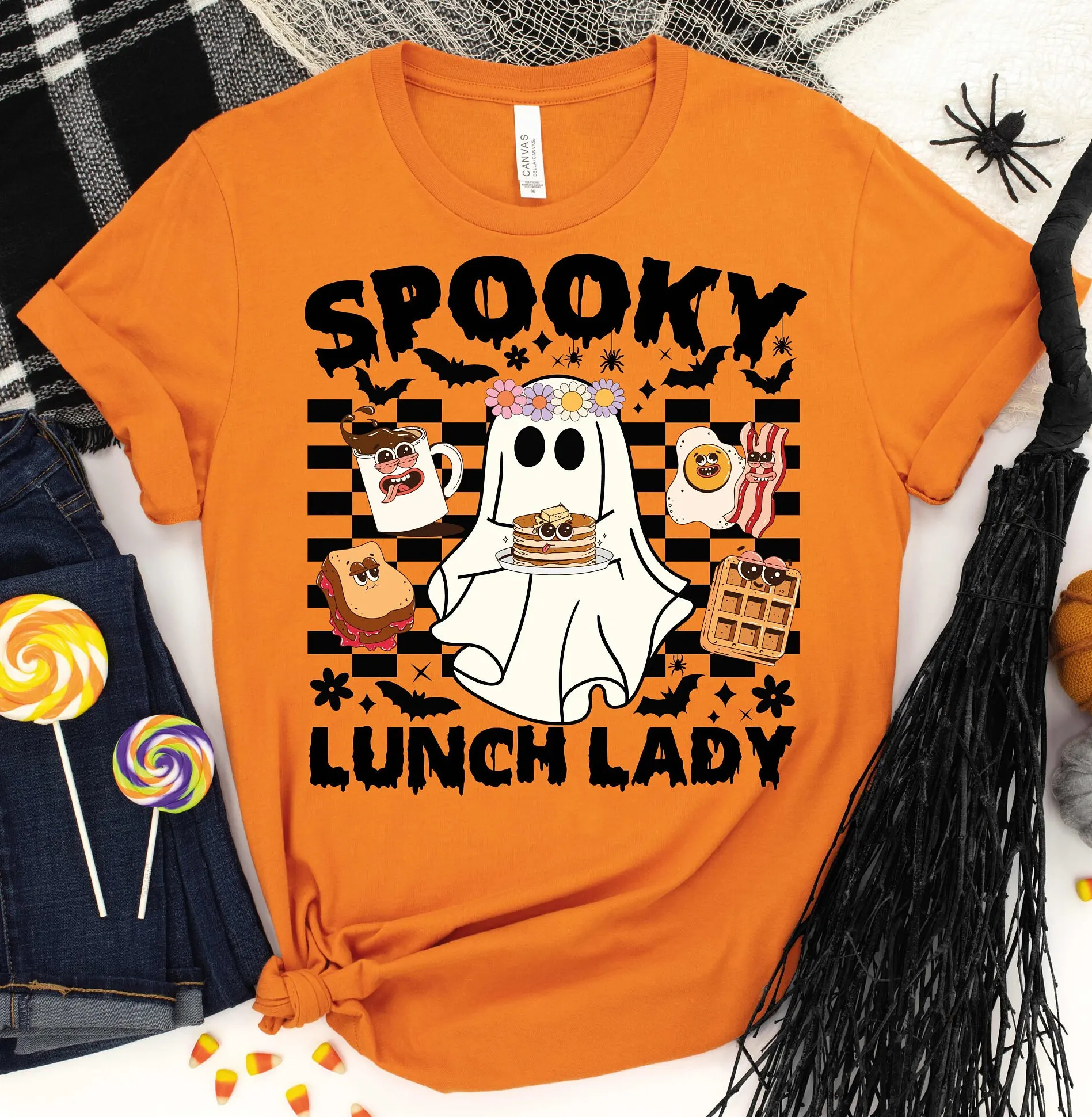 Groovy Spooky Lunch Lady T Shirt Halloween Costume Cafeteria Team Fall