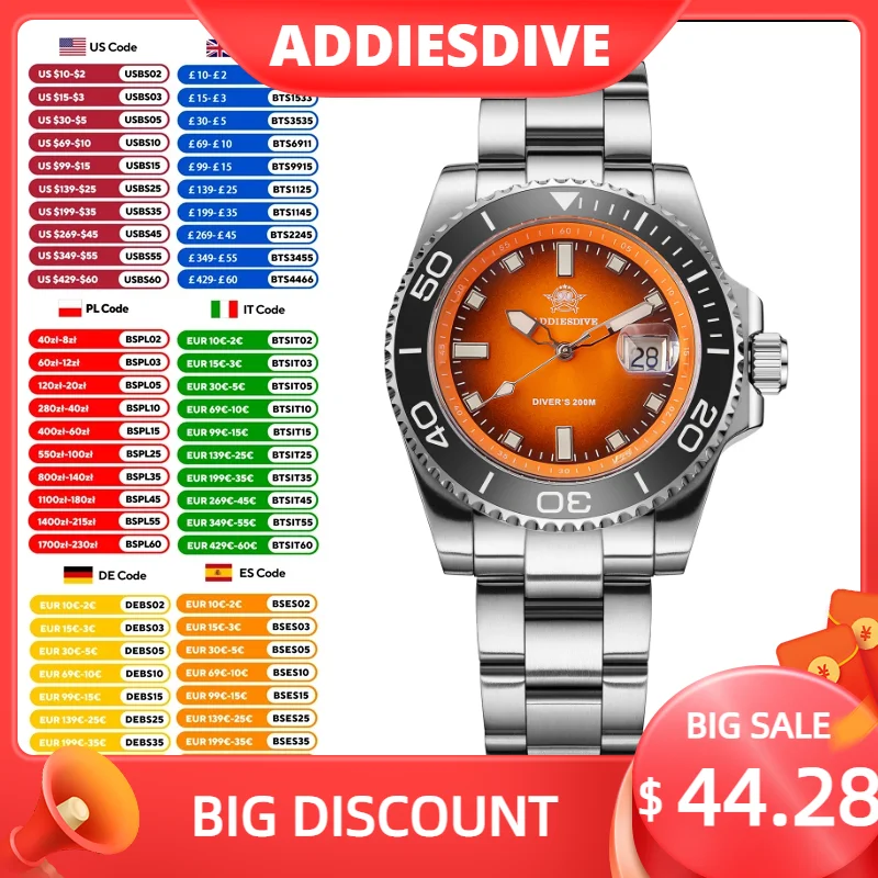 

ADDIESDIVE 41mm Dive Watches For Men Ceramic Bezel BGW9 Waterproof Luminous Stainless Steel reloj hombre Colorful Dial Man Watch