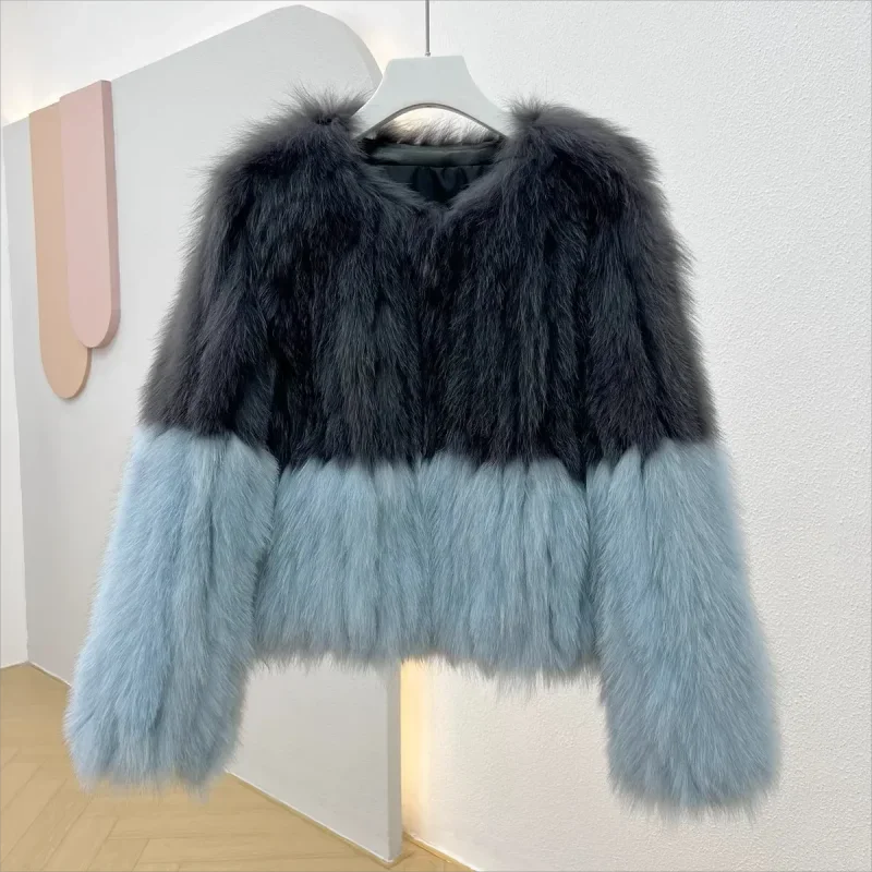 

Faux Fox Fox Fur Splice Color Contrast Jacket Strips Sewed Fluffy Imitation Mink Fur Coat Furry Tops JJ456
