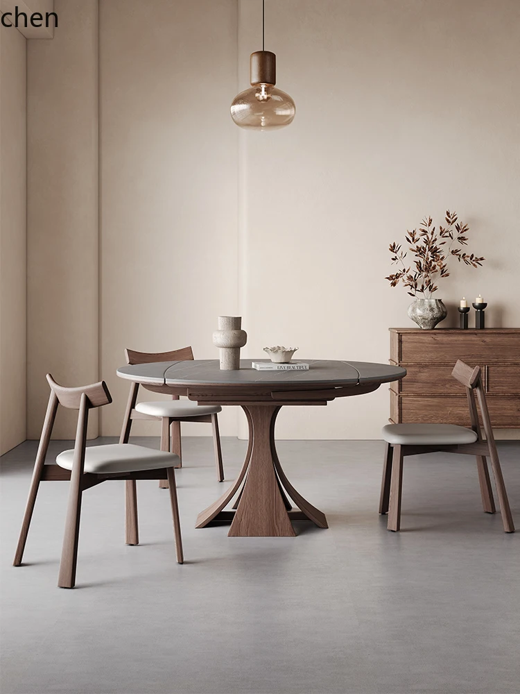 

QZT Solid Wood Folding Dining Table and Chairs for Small Families, Rock Board Extendable Convertible Round Table