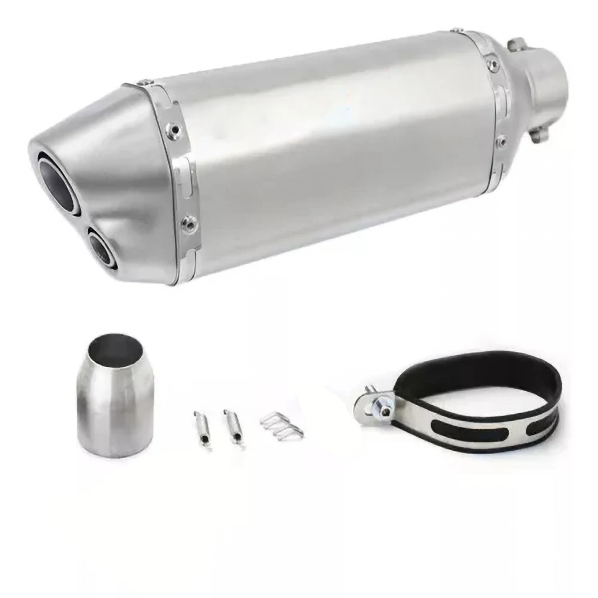 

1 piece of 370 double-hole small hexagonal silver motorcycle exhaust pipe, pipe length 370MM, diameter 38-51MM, suitable for str