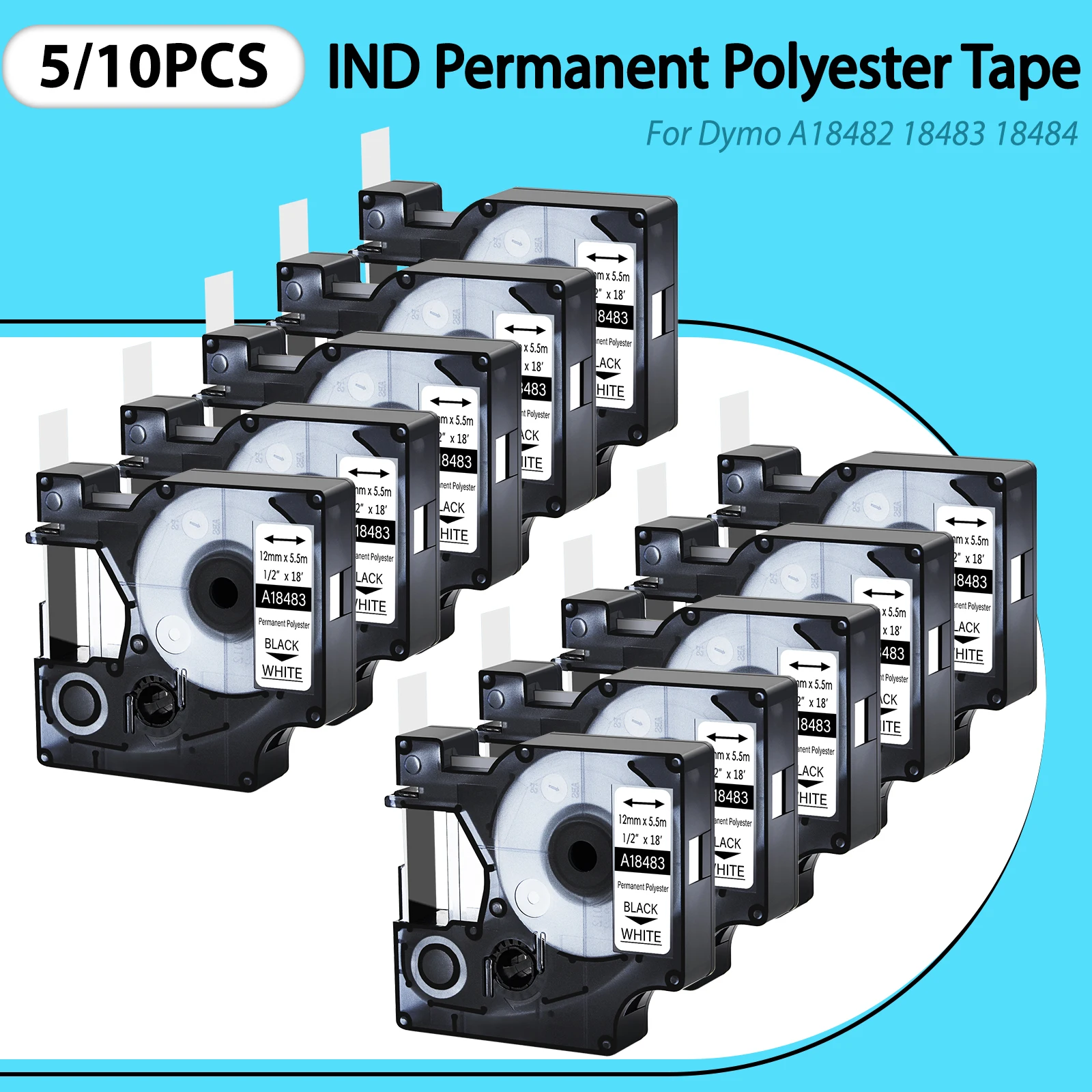 

Cruxer 5/10PCS Black on White Tapes Compatible for Dymo A18482 A18483 A18484 IND Permanent Polyester Label For DYMO Rhino 5000