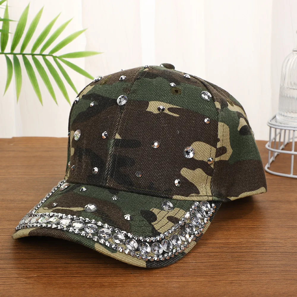Camouflage Baseball Cap With Rhinestone Decor Military Green Snapback Peaked Hat Y2K Casual Dad Trucker Sunscreen Caps