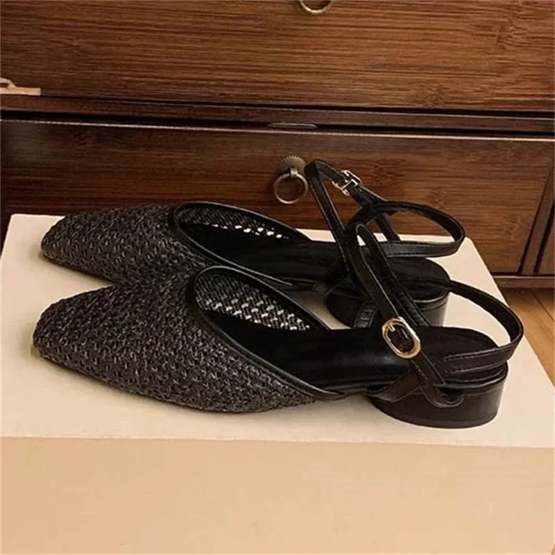 

Aneikeh Summer Women's Woven Sandals Square Toe Ankle Strap Low Heel Slingback Shoes Hollow Out Casual Mules Flat Heel Sandals