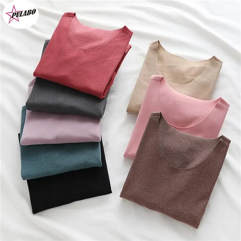 PULABO Double-Side Seamless Thermal Top Women Underwear Padded Velvet Autumn Clothes Long-Sleeve T Shirts Winter Bottom Shirt