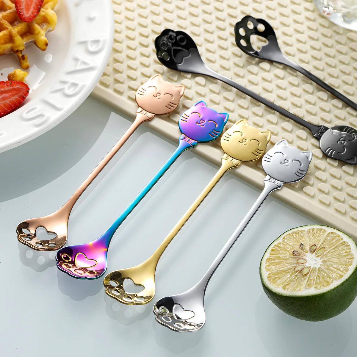 5PCS Cat Claw Design Stainless Steel Coffee Spoon Set Small Stir Dessert Spoons Creative Kitchen Utensils