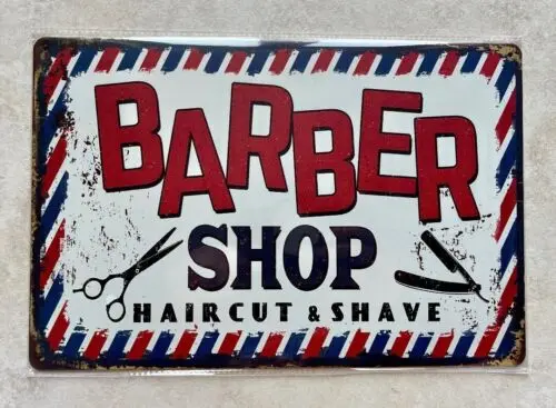 BARBER SHOP HAIRCUT & SHAVE METAL SIGN MAN CAVE BAR SALON HAIRDRESSER 20x30cm