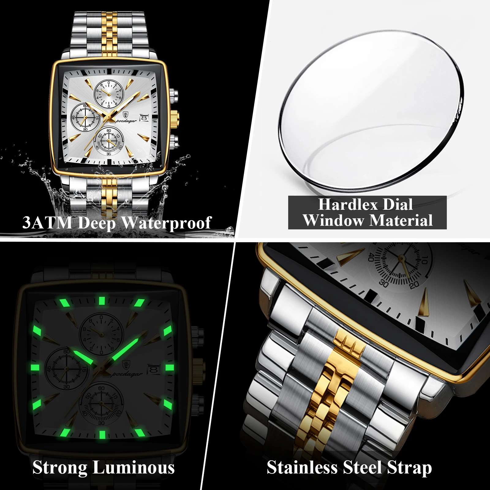 POEDAGAR Luxury Square Sport Man Wristwatch Waterproof Luminous Chronograph Quartz Men\'s Watches Stainless Steel Men Watch Reloj