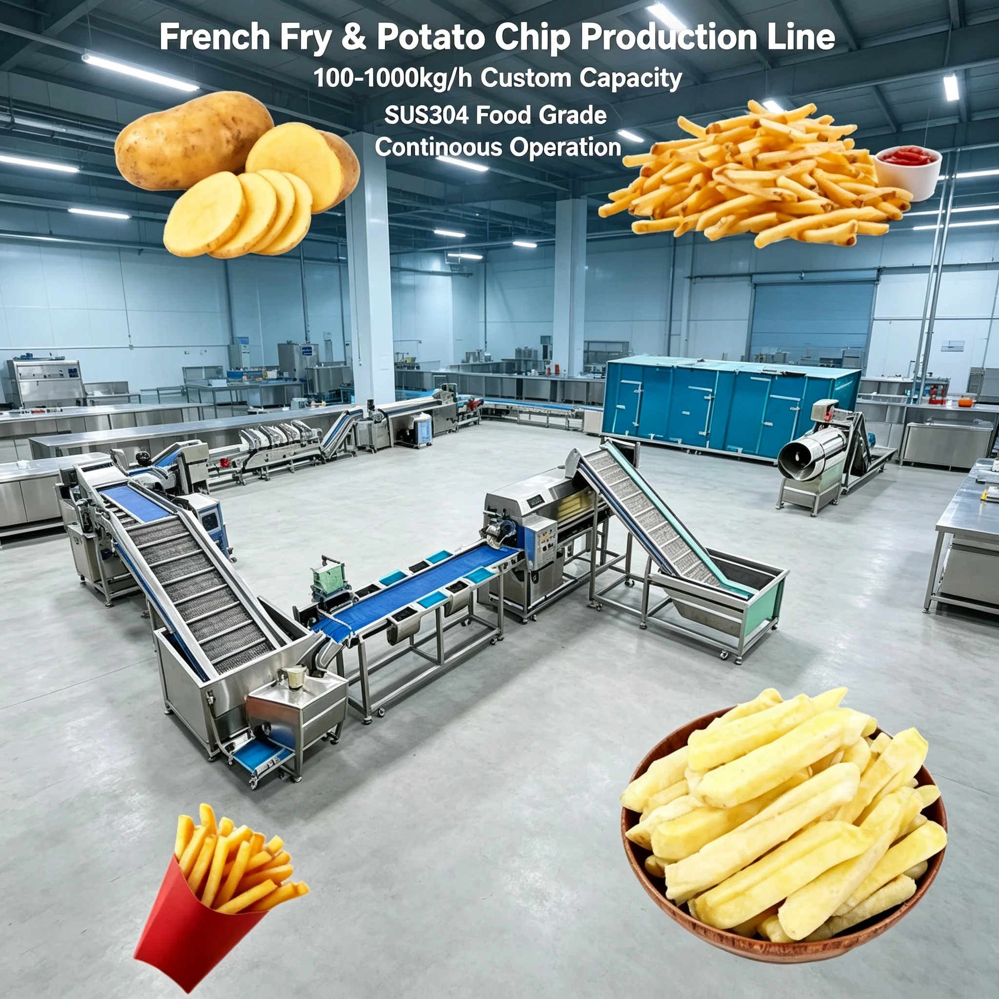 French Fries Production Line, Custom Potato Chips Processing Equipment For Complete Snack Manufacturing Project Customized