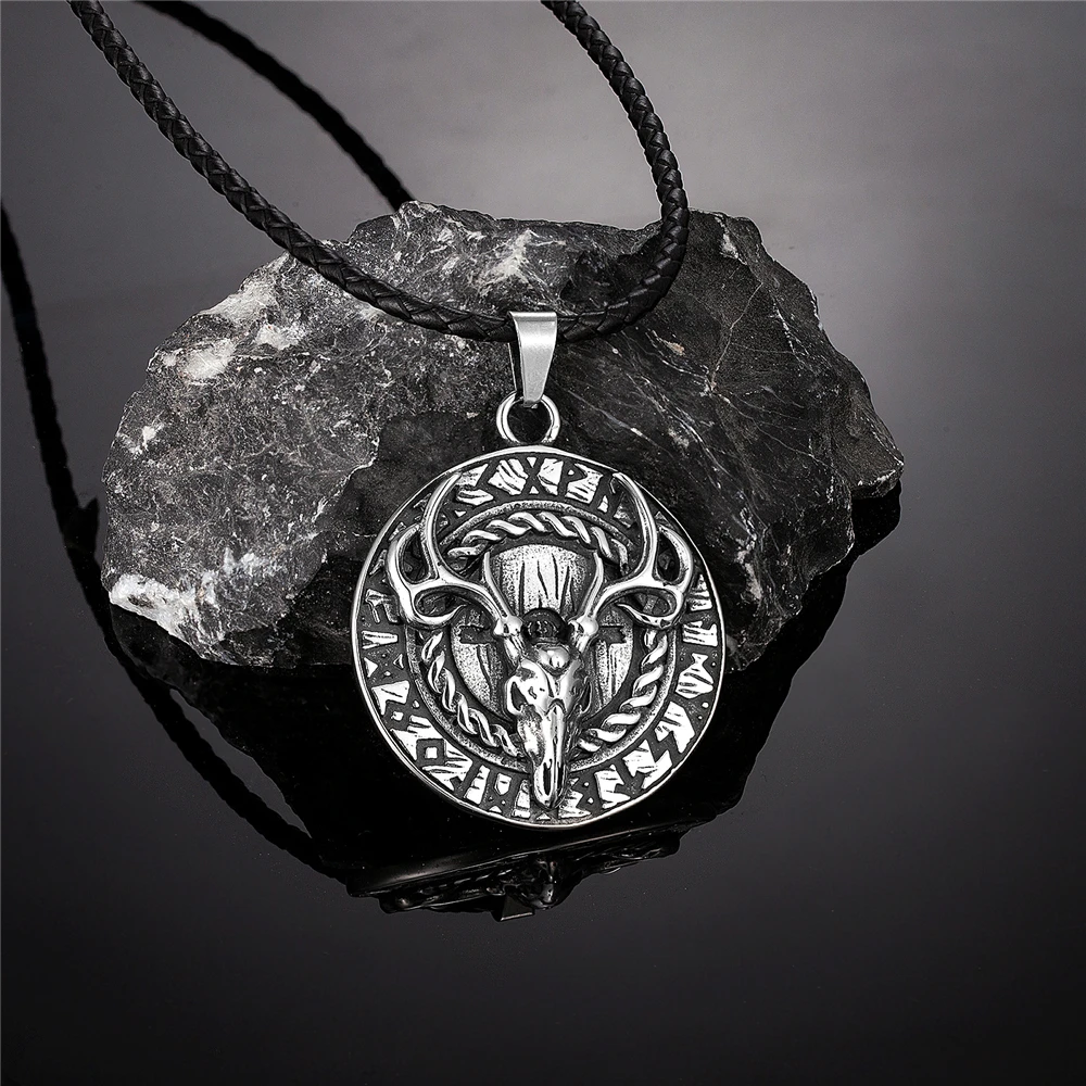 Nordic Reindeer Bucks Skull Necklaces Men's Vikings Runes Vegvisir Pendant Stainless Steel Cuban Chain Scandinavian Jewelry Gift