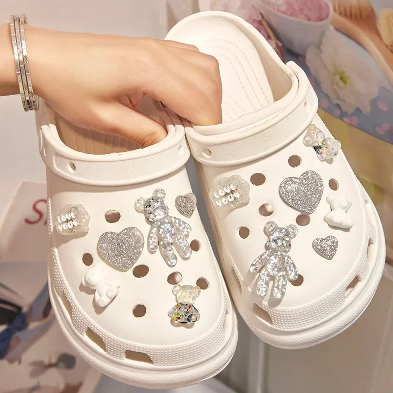 12pcs/set Glitter Love Bear Novelty Cute Hole Shoes Charms PVC Shoe Decorations Sneakers Slippers Accessories Kid Girl Gift New