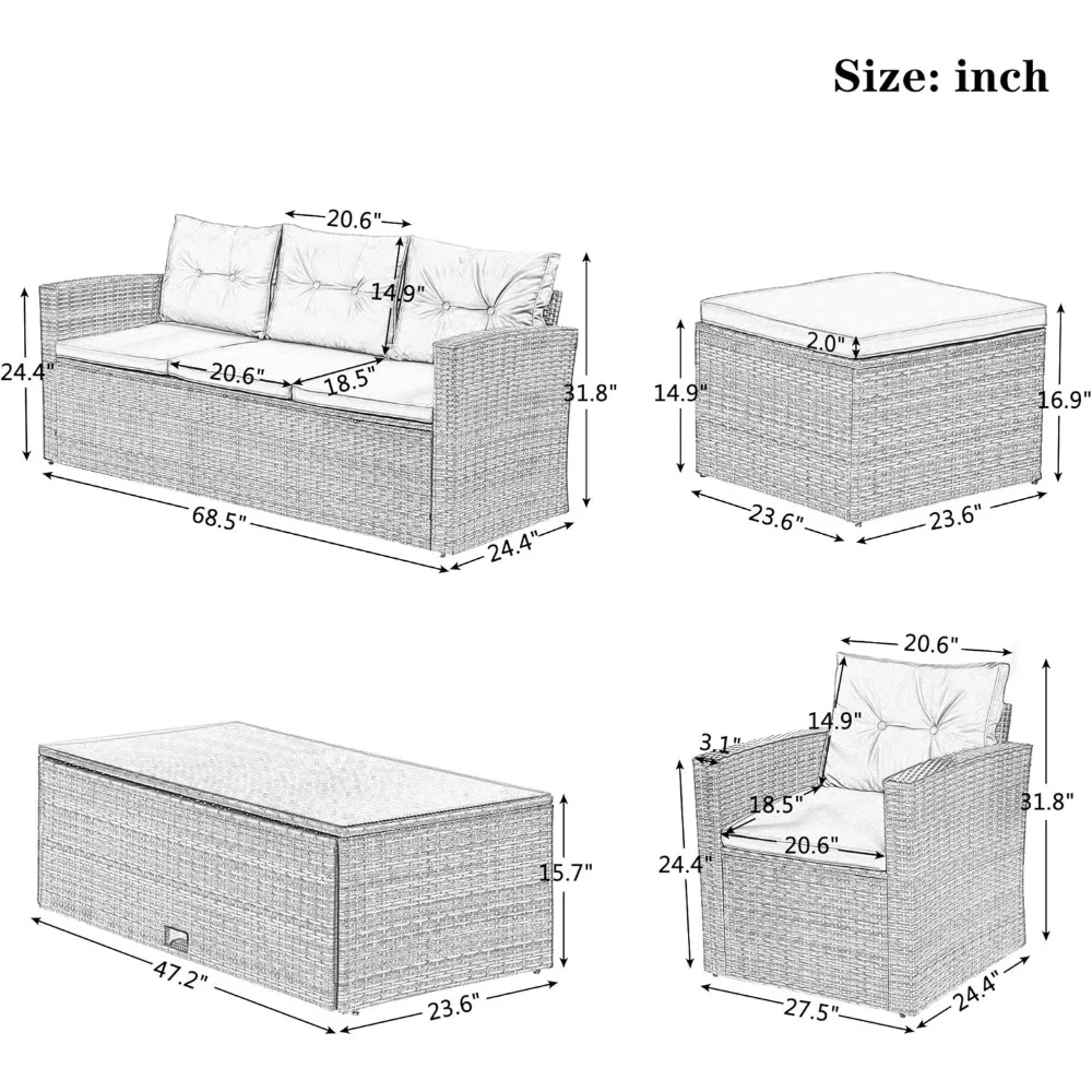 6-Piece Outdoor Conversation Sectional Set, All-Weather Rattan Patio Sectional Sofa Set with Coffee Table, Patio Furniture Sets