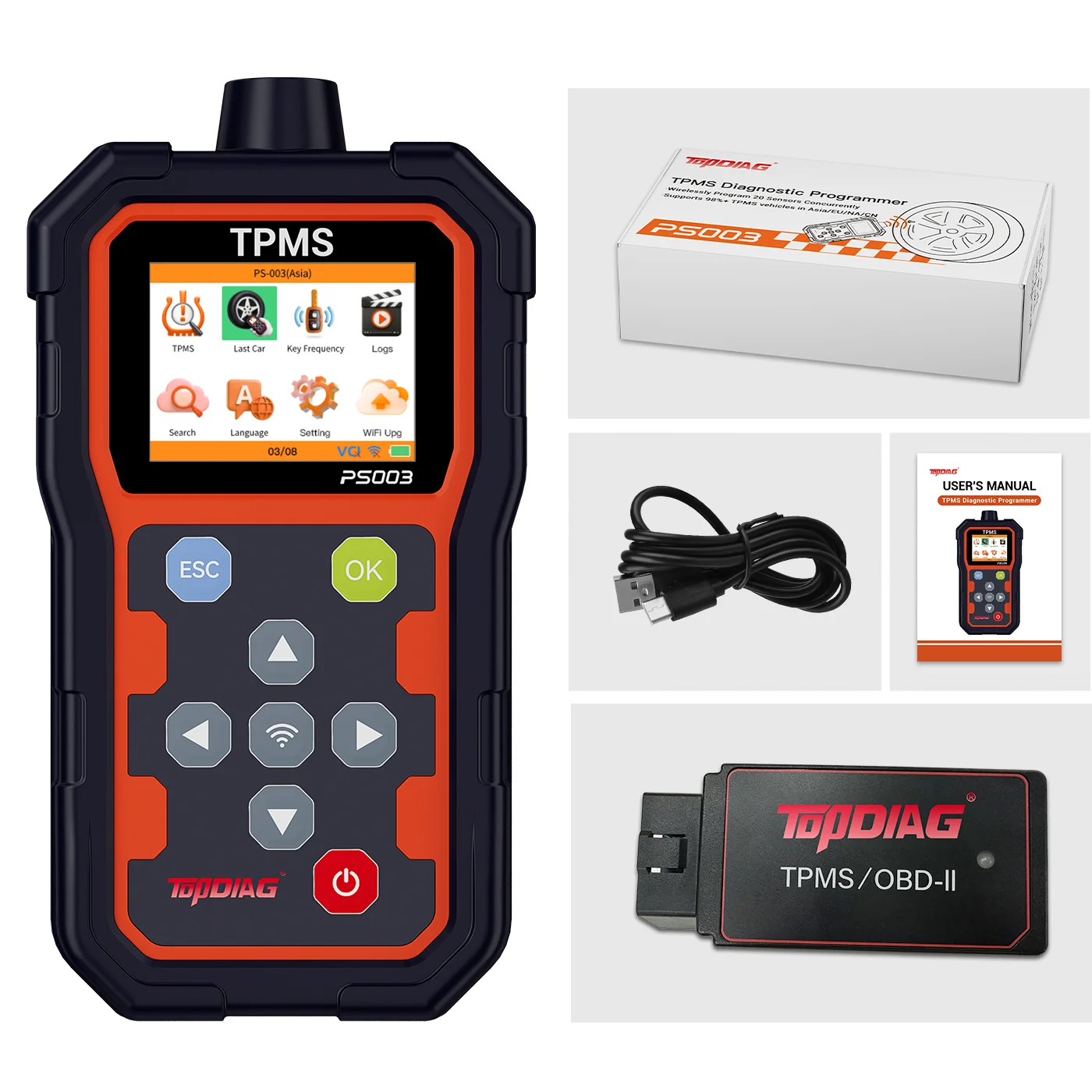 TopDiag PS003 TPMS Tool, Handheld Tire Pressure Match Programmer, 315/433MHz, WiFi Upgrade, Support 98% Cars Asia/Europe/USA